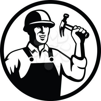 Black and White illustration of a carpenter, construction worker, handyman, tradesman or laborer holding a hammer set inside circle done in retro style.
