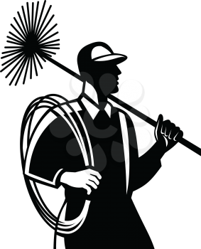 Illustration of a chimney sweeper cleaner worker with sweep broom viewed from side set on isolated white background done in retro Black and White style.