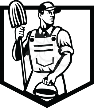 Illustration of a janitor cleaner worker holding mop and water bucket pail viewed from low angle set inside shield done in retro Black and White style.