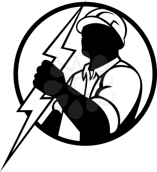 Mascot illustration of an electrician or power lineman holding a lightning bolt set inside circle on isolated white background done in retro Black and White style.