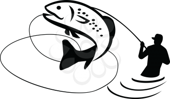 Black and White Illustration of a trout fish jumping and fly fisherman fishing viewed from the side on isolated background done in retro style. 