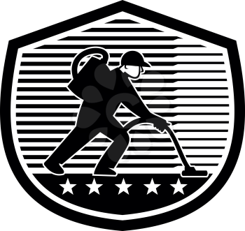 Illustration of a male worker Industrial cleaner janitor cleaning with vacuum cleaner viewed from side set inside shield crest with stripes and stars in the background done in retro Black and White style. 