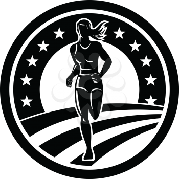 Illustration of silhouette of an American marathon runner or triathlete running winning finishing race set in circle with stars and stripes in the background done in Black and White retro style.