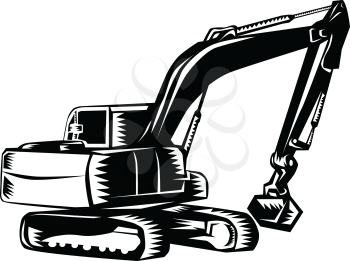 Black and White Illustration of a construction digger mechanical excavator viewed from front set on isolated white background done in retro woodcut style. 