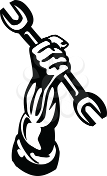 Black and White Illustration of a mechanic hand holding up spanner wrench set inside circle on isolated background done in retro style.