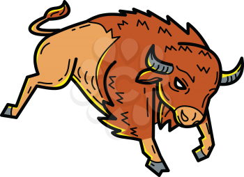 Mono line illustration of an American bison, American buffalo or simply buffalo, a North American species of bison, jumping or bucking done in monoline style.
