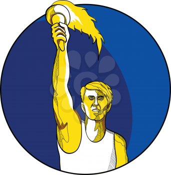 Drawing sketch style illustration of a track and field athlete raising up a flaming torch with burning flames viewed from front set inside circle.