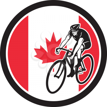 Icon retro style illustration of a Canadian cyclist cycling riding road bike with Canada maple leaf flag set inside circle on isolated background.