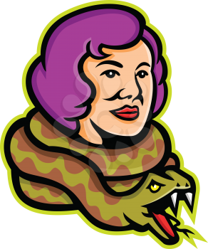 Mascot icon illustration of head of a circus freak snake lady or snake charmer with python, a circus performer or entertainer viewed from side on isolated background in retro style.