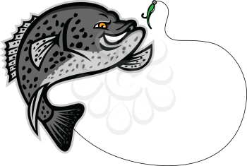 Mascot illustration of a black crappie, strawberry bass, speckled bass, specks, speckled perch, crappie bass or calico bass jumping for a single hook bait or lure isolated background in retro style.