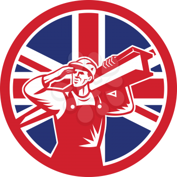 Icon retro style illustration of a British construction worker carrying an I-beam on shoulder while saluting  with United Kingdom UK, Great Britain Union Jack flag set in circle isolated background.