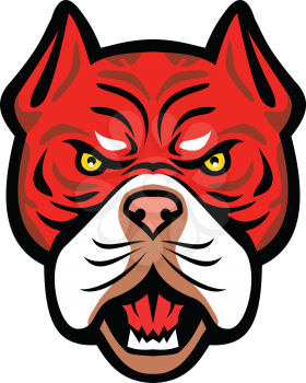 Mascot icon illustration of head of an angry Red Tiger Bulldog, an American dog breed with red nose viewed from front on isolated background in retro style.