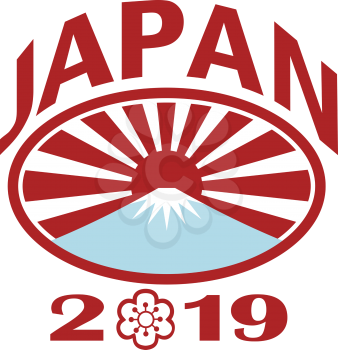 Retro style illustration of a rugby ball with Japanese rising sun and Mount Fuji mountain inside oval with words Japan 2019 and sakura or cherry blossom flower in number zero on isolated background.
