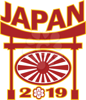 Retro style illustration of a rugby ball with Japanese flag rising sun inside framed by Pagoda with words Japan 2019 and sakura or cherry blossom flower in number zero on isolated background.