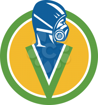 Icon style illustration of a Fumigation or Pest Control Service specialist wearing Respirator Face Masks Chemical or Dust Safety Face Masks viewed from side set inside circle.