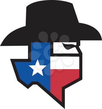 Icon style illustration of head of a bandit or outlaw wearing a cowboy hat, mask or bandana with Texas Lone Star flag viewed from side on isolated background.