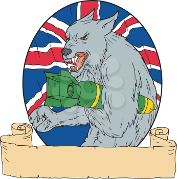 Drawing sketch style illustration of an angry British Grey Wolf Holding an iincendiary Bomb with Union Jack flag in background set inside circle.