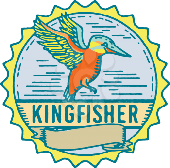Illustration of a Kingfisher flying viewed from Side with scroll set inside Rosette shape and word text Kingfisher done in Retro style.