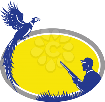 Illustration of a wild game bird Hunter with rifle shotgun and Pheasant Bird flying up set inside Oval shape done in Retro style.