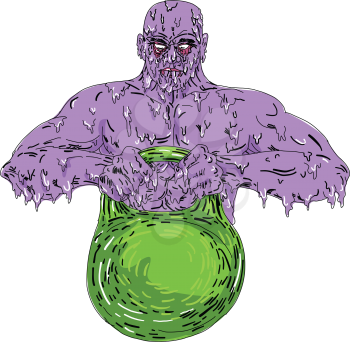 Grime art style illustration of a zombie Athlete training Lifting Kettle Bell viewed from front on isolated background.
