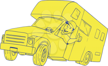 Cartoon style illustration of a Driver Thumbs Up driving Camper Van caravan Cartoon