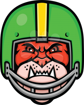 Sports mascot icon illustration of head of a bulldog wearing an American football or gridiron helmet viewed from front on isolated background in retro style.
