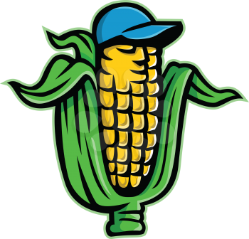 Mascot icon illustration of a corn on cob or maize, a type of cereal grain, wearing a baseball hat viewed from front on isolated background in retro style.