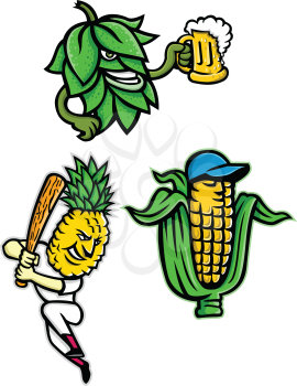 Mascot icon illustration set of fruits and vegetables like a beer hops drinking mug of ale, a maize or corn cob wearing a baseball cap and a pineapple with baseball bat batting on isolated background in retro style.