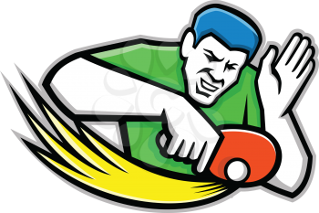 Mascot icon illustration of a table tennis or ping-pong player blocking a ping pong ball with paddle or racket viewed from front on isolated background in retro style.