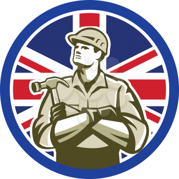 Icon retro style illustration of British builder, carpenter or construction worker with hammer arms crossed with United Kingdom UK, Great Britain Union Jack flag set inside circle isolated background.