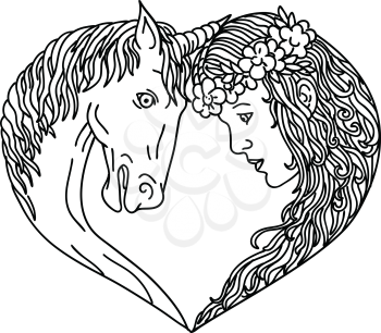 Drawing sketch style illustration of a unicorn, a legendary horse creature with one horn and princess maiden facing each other forming a heart shape viewed from side on isolated background.