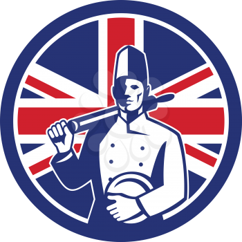 Icon retro style illustration of a British baker, chef or cook holding a rolling pin and plate with United Kingdom UK, Great Britain Union Jack flag set inside circle on isolated background.