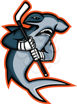 Mascot icon illustration of a hammerhead shark who is a ice hockey player wielding a hockey stick viewed from side on isolated background in retro style.