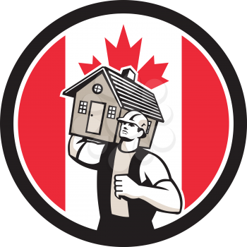 Icon retro style illustration of a Canadian house removal or mover carrying a house with Canada maple leaf flag set inside circle on isolated background.