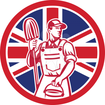 Icon retro style illustration of a British professional cleaner holding mop and bucket  with United Kingdom UK, Great Britain Union Jack flag set inside circle on isolated background.