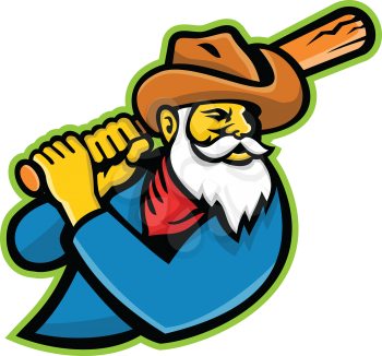 Mascot icon illustration of head of a miner or cowboy baseball player with bat batting viewed from side on isolated background in retro style.