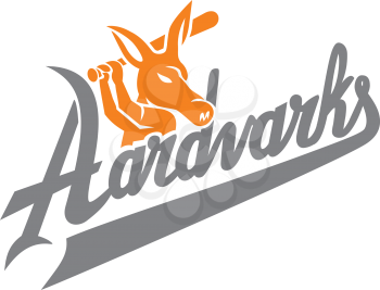 Mascot icon illustration of an aardvark baseball player with bat batting with script text Aardvarks viewed from side on isolated background in retro style.