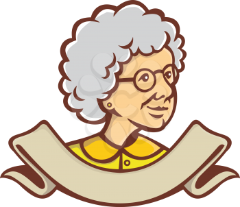 Retro style illustration of bust of a grandmother, granny, nanny or a senior adult female woman looking to side with ribbon at bottom on isolated background.