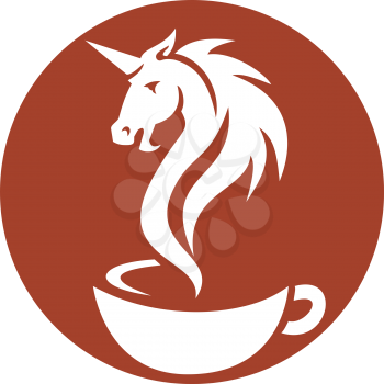 Retro style illustration of head of a unicorn coming out as a smoke from a hot coffee cup set inside circle on isolated background.