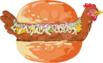 Retro style illustration of a bird or chicken in bun, bread, burger or sandwich with filling on isolated background.