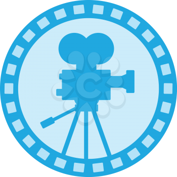 Icon illustration of avintage film video camera set inside circle with film reel done in retro style on isolated background.