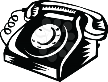 Retro woodcut style illustration of a vintage landline telephone on isolated background done in black and white.