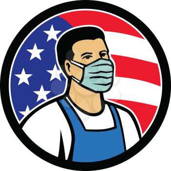 Mascot icon illustration of American grocery, food, supermarket, front line essential worker wearing mask and apron with USA stars and stripes flag as hero set inside circle in retro style.