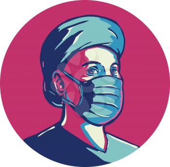 Retro WPA illustration of a nurse or front-line worker wearing surgical mask and cap set in circle  done in works project administration or federal art project style.