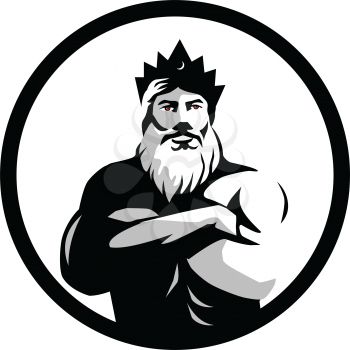 Retro style illustration of a bearded male man wearing a crown with red eyes and folded arms viewed from front set inside circle in black and white on isolated background.