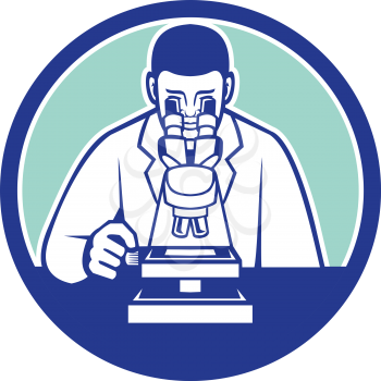 Mascot icon illustration of a medical doctor, scientist or researcher conducting research for a cure looking through microscope viewed from front set in circle on isolated background in retro style.