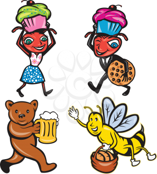Set or collection of cartoon character mascot style illustration of animals with food like ant carrying cookie and muffin, bear serving beer and honeybee with bread on isolated white background.