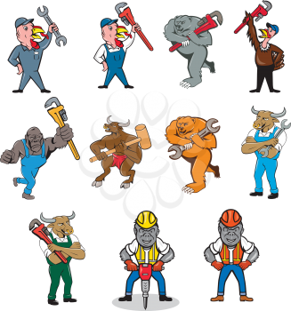 Set or collection of cartoon character mascot style illustration of an animal tradesman like a turkey, bear, bull, gorilla that is a plumber, mechanic and construction worker on isolated white background.
