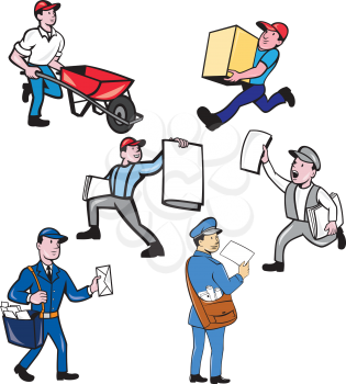 Set or collection of cartoon character mascot style illustration of a delivery person , mailman, postman, newspaper delivery boy on isolated white background.