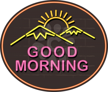 Retro style illustration showing a 1990s neon sign light signage lighting of a sun rising mountains and text Good Morning on black brick wall set in oval on isolated background.